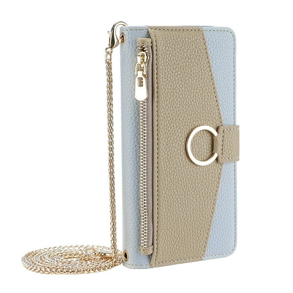 Dteck Crossbody Wallet Case for Google Pixel 7 Pro, Premium Color-Blocking PU Leather Zipper Purse with Card Holder Mini Mirror for Women Girls, Folio Flip Phone Case with Magnetic Closure,Blue