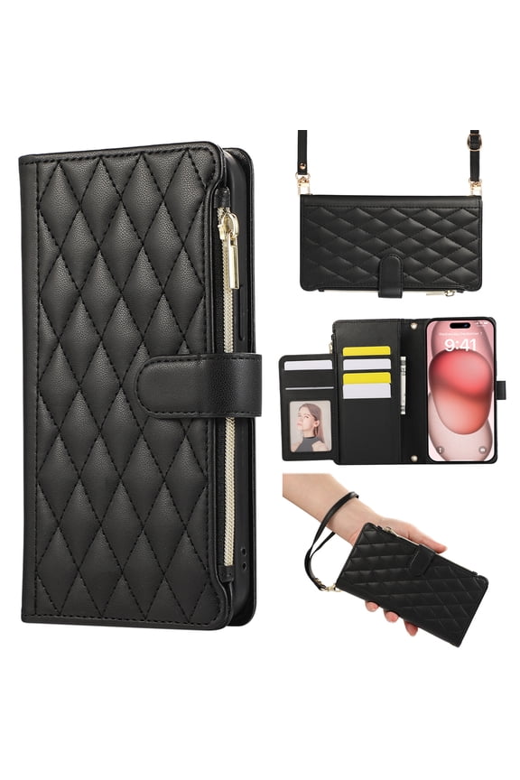 Crossbody Wallet Case for Google Pixel 8, 6-Card Holder Elegant Soft PU Leather Magnetic Buckle Shoulder Strap Zipper Pocket Handbag Purse Phone Case,Black