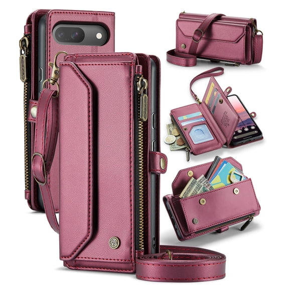 Dteck Crossbody Wallet Case for Google Pixel 9 / 9 Pro,RFID Blocking 7-Card Holder Soft PU Leather Magnetic Closure Shoulder Strap Zipper Pocket Cover Case for Google Pixel 9 / 9 Pro,Winered