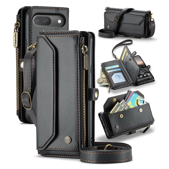 Dteck Crossbody Wallet Case for Google Pixel 9 / 9 Pro,RFID Blocking 7-Card Holder Soft PU Leather Magnetic Closure Shoulder Strap Zipper Pocket Cover Case for Google Pixel 9 / 9 Pro,Black