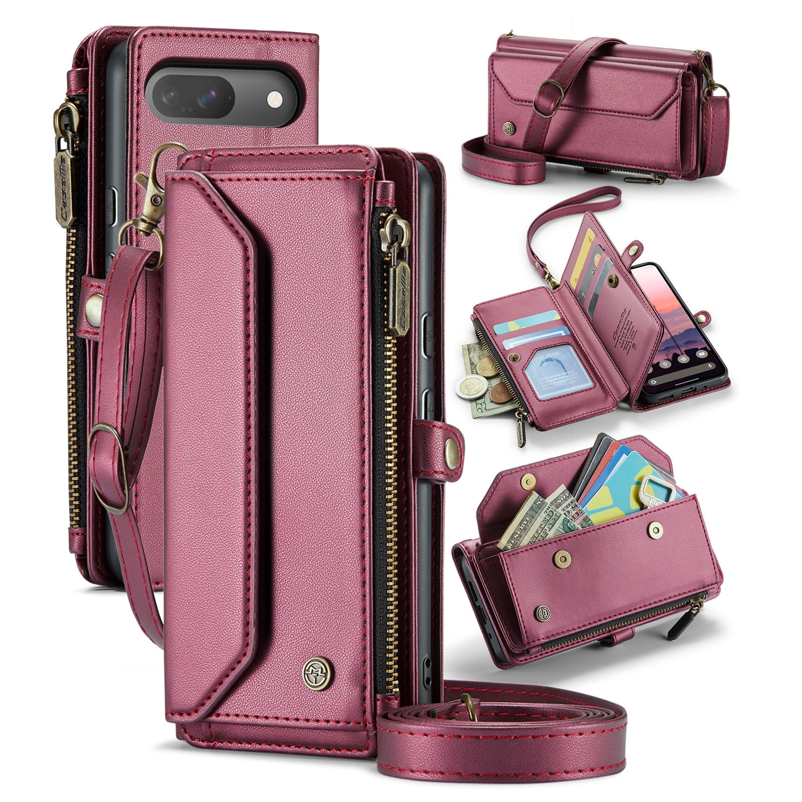 Butterfly Flower Embossed Wallet Case For Google Pixel 8 Pro, PU Leather Case Magnetic Closure Handbag Zipper Pocket Case Kickstand Card Slots Hand Strap