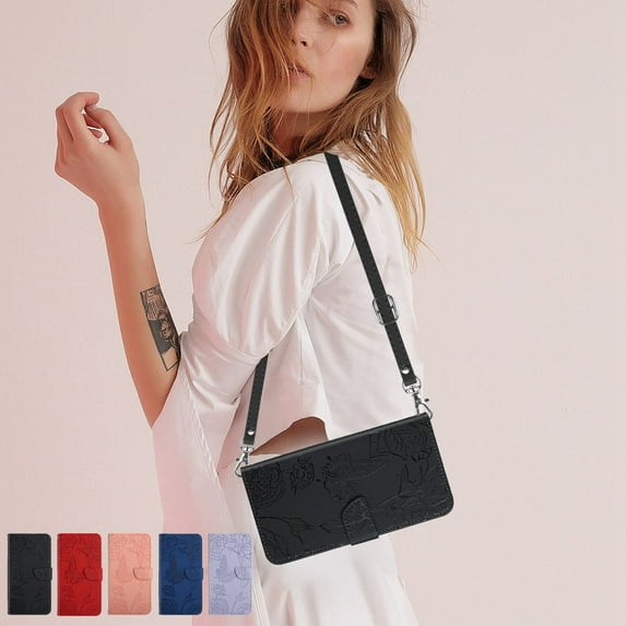 Dteck Crossbody Wallet Case for Motorola Edge 2024 PU Leather Butterfly Embossed Magnetic Folio Flip Stand Cover Handbag with Shoulder Strap Lanyard Wristlet for Moto Edge (2024),Black