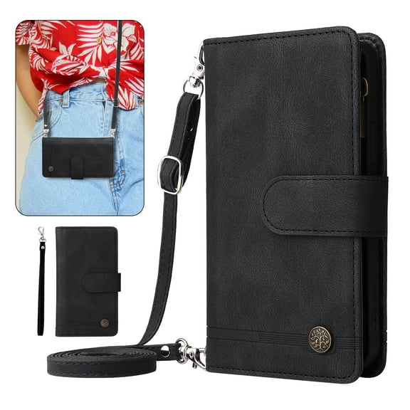 Dteck Crossbody Wallet Case for Samsung Galaxy A15 5G,Magnetic Leather Card Slots Zipper Wallet Kickstand Heavy Duty Lanyard Strap/Shoulder Strap Cover,Black