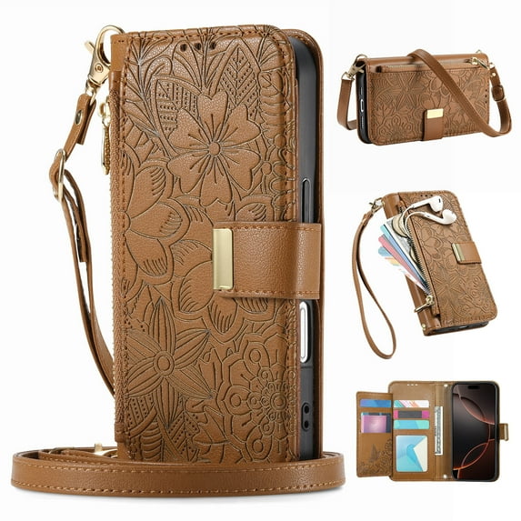 Dteck Crossbody Wallet Case for Samsung Galaxy A16 5G with Card Holder, Soft Embossing PU Leather Magnetic Closure Strap Zipper Pocket Phone Case Fit for Samsung Galaxy A16 5G,Brown
