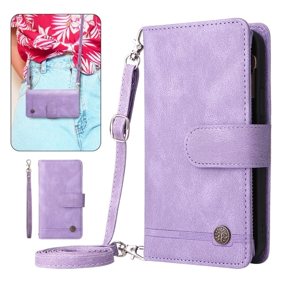 Dteck Crossbody Wallet Case for Samsung Galaxy A25 5G,Magnetic Leather Card Slots Zipper Wallet Kickstand Heavy Duty Lanyard Strap/Shoulder Strap Cover,Purple