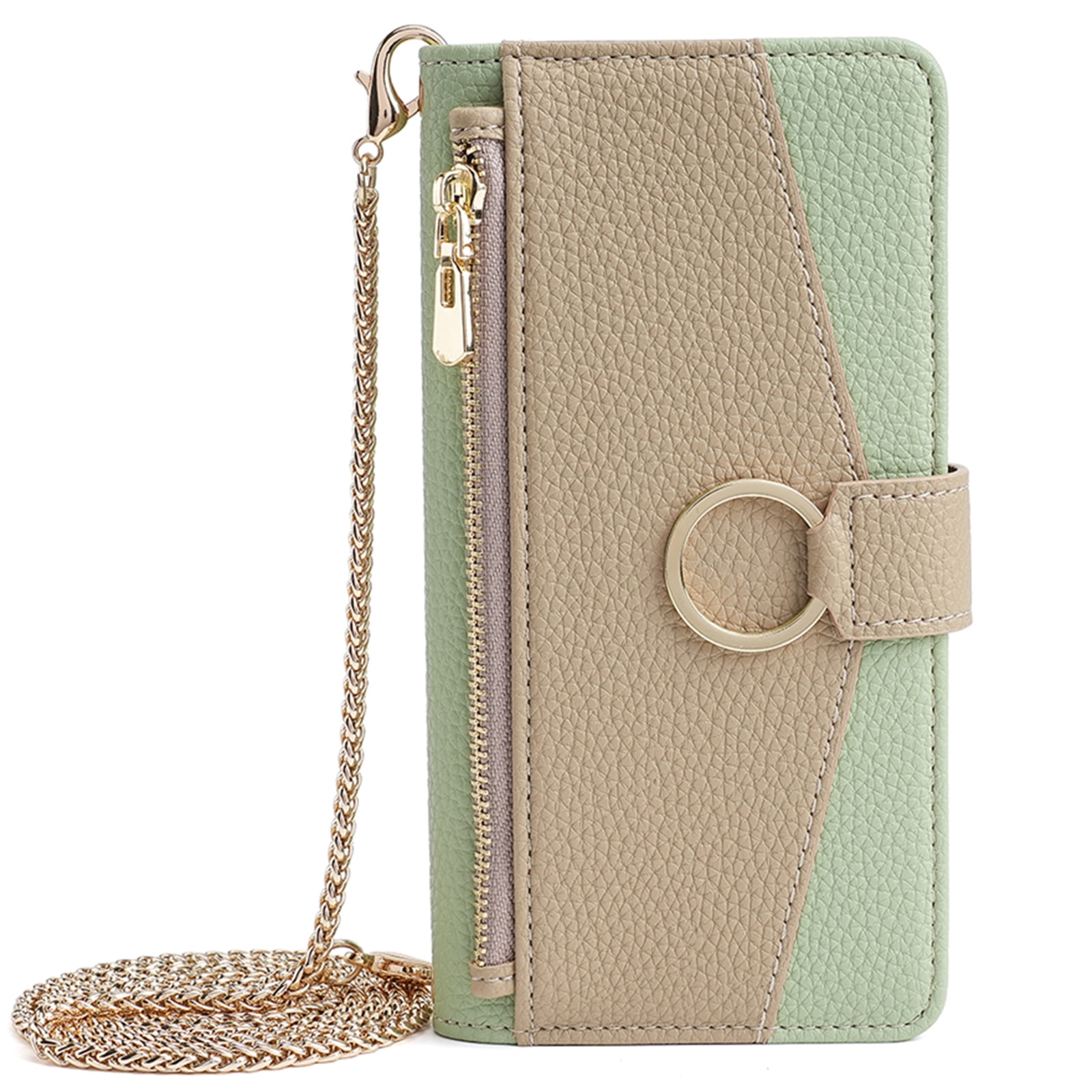 Dteck Crossbody Wallet Case for Samsung Galaxy A35 5G, Bicolor PU Leather Zipper Purse with Card Holder Mini Make-up Mirror for Women Girls,Folio Flip Phone Case with Magnetic Closure,Green