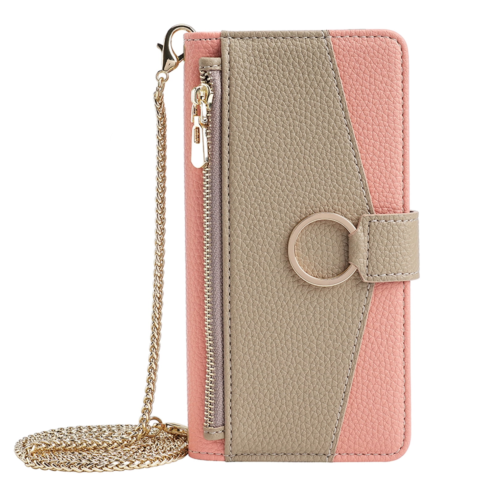 Dteck Crossbody Wallet Case for Samsung Galaxy A35 5G, Bicolor PU Leather Zipper Purse with Card Holder Mini Make-up Mirror for Women Girls,Folio Flip Phone Case with Magnetic Closure,Pink