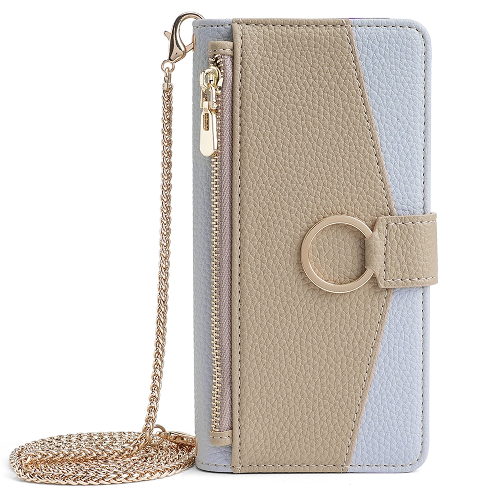 Dteck Crossbody Wallet Case for Samsung Galaxy A35 5G, Bicolor PU Leather Zipper Purse with Card Holder Mini Make-up Mirror for Women Girls,Folio Flip Phone Case with Magnetic Closure,Blue