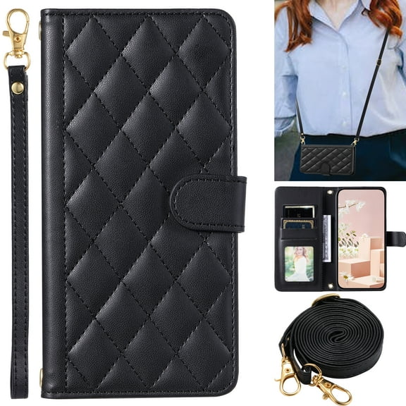 Dteck Crossbody Wallet Case for Samsung Galaxy A35 with Wrist Strap Shoulder Strap, Multiple Card Slots Folio Purse, Luxury PU Leather Stand Phone Cover for Galaxy A35,Black