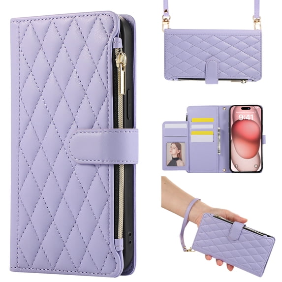 Dteck Crossbody Wallet Case for Samsung Galaxy A53 5G, 6-Card Holder Elegant Soft PU Leather Magnetic Buckle Shoulder Strap Zipper Pocket Handbag Purse Phone Case,Light Purple