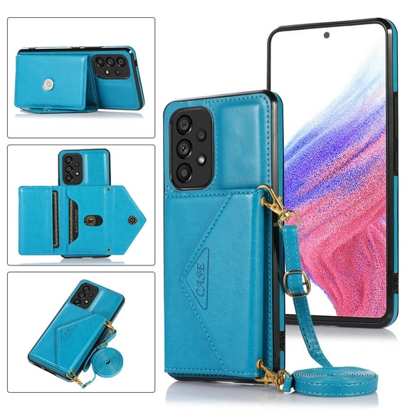 Dteck Crossbody Wallet Case for Samsung Galaxy A53 5G,Shockproof Leather Card Slots Pocket Case Hybrid Rubber Kickstand Cover with Shoulder Strap,Blue