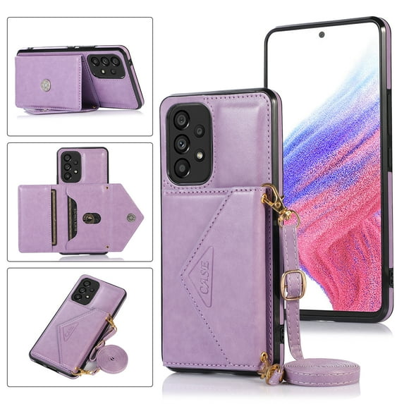 Dteck Crossbody Wallet Case for Samsung Galaxy A53 5G,Shockproof Leather Card Slots Pocket Case Hybrid Rubber Kickstand Cover with Shoulder Strap,Lightpurple