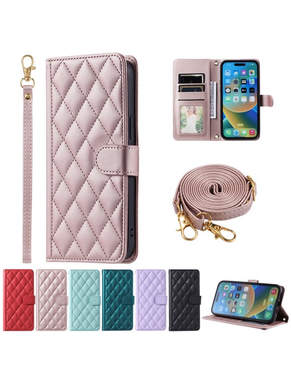 Crossbody Wallet Case for Samsung Galaxy Note 10, PU Leather Phone Case with Card Holder Kickstand & Wrist Strapp Cover Magnetic Closure Flip Handbag Purse Shell for Women,Rosegold