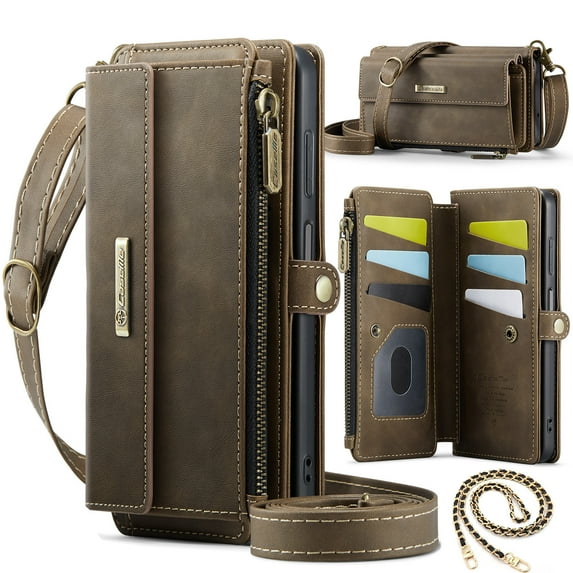 Dteck Crossbody Wallet Case for Samsung Galaxy S20 RFID Blocking 9-Card Holder Matte PU Leather Magnetic Snap Shoulder Strap Zipper Pocket Phone Case Fit for Samsung Galaxy S20,Coffee