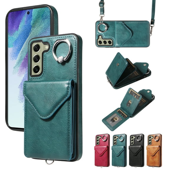 Dteck Crossbody Wallet Case for Samsung Galaxy S21 FE 5G, Card Holder Phone Case with Ring Stand, Premium PU Leather Protective Case with Removable Shoulder Strap for Galaxy S21 FE,Green