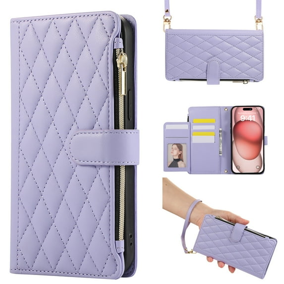 Dteck Crossbody Wallet Case for Samsung Galaxy S21 FE, 6-Card Holder Elegant Soft PU Leather Magnetic Buckle Shoulder Strap Zipper Pocket Handbag Purse Phone Case,Light Purple