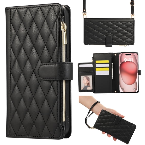 Dteck Crossbody Wallet Case for Samsung Galaxy S21 Plus, 6-Card Holder Elegant Soft PU Leather Magnetic Buckle Shoulder Strap Zipper Pocket Handbag Purse Phone Case,Black