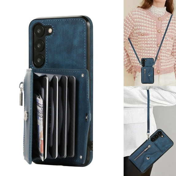 Dteck Crossbody Wallet Case for Samsung Galaxy S21+ Plus, RFID Blocking PU Leather Zipper Handbag Purse Flip Cover, Kickstand Folio Case with Card Slots Wrist Strap Lanyard 6.7 Inch,Blue