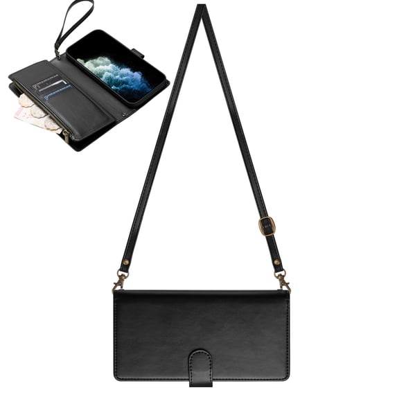 Dteck Crossbody Wallet Case for Samsung Galaxy S21 Ultra, PU Lether Zipper Handbag Purse Flip Cover, Kickstand Folio Case with 9 Card Slots Wrist Strap Lanyard for Women Men,Black