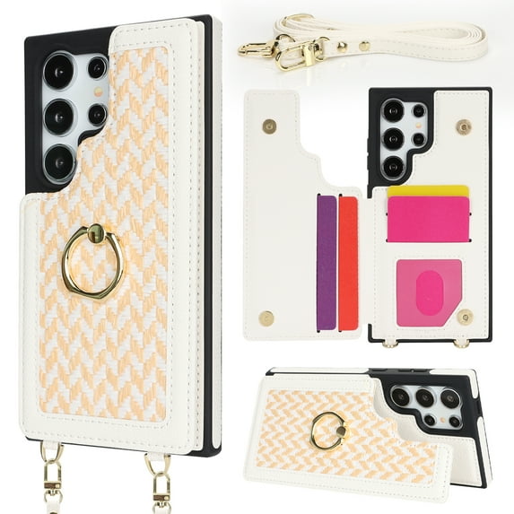 Dteck Crossbody Wallet Case for Samsung Galaxy S22, Crossbody PU Leather Purse with Wristlet Strap Lanyard Pocket Card Holder Ring Kickstand Cover for Women Case, White