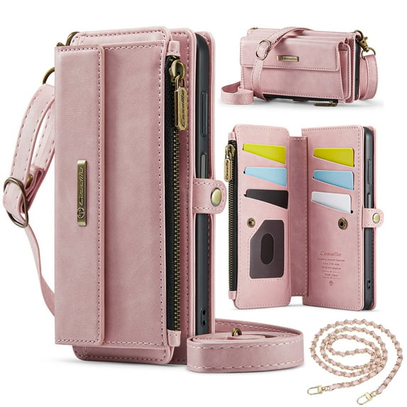 Dteck Crossbody Wallet Case for Samsung Galaxy S22 Ultra RFID Blocking 9-Card Holder Matte PU Leather Magnetic Snap Shoulder Strap Zipper Pocket Phone Case Fit for Samsung Galaxy S22 Ultra,Pink
