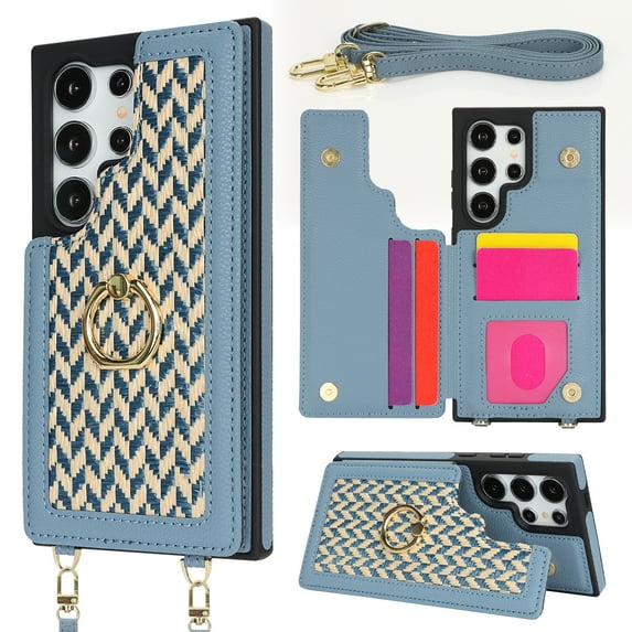 Dteck Crossbody Wallet Case for Samsung Galaxy S23, Crossbody PU Leather Purse with Wristlet Strap Lanyard Pocket Card Holder Ring Kickstand Cover for Women Case, Blue