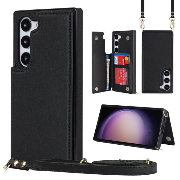 Dteck Crossbody Wallet Case for Samsung Galaxy S23 Plus/S23+,Magnetic Leather RFID Blocking Card Slots Pocket Case Shockproof Rubber Kickstand Cover with Shoulder Strap,Black