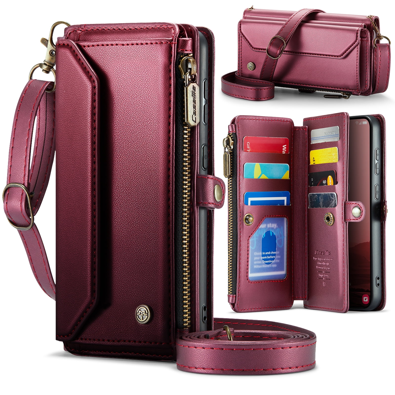 Dteck Crossbody Wallet Case for Samsung Galaxy S24 FE 5G RFID Blocking 10-Card Holder Soft PU Leather Magnetic Snap Strap Zipper Pocket Phone Case Fit for Galaxy S24 FE 6.7",Winered
