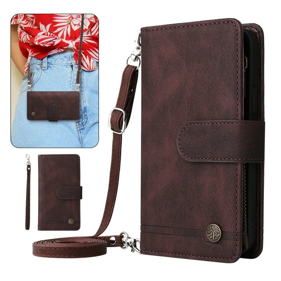 Dteck Crossbody Wallet Case for Samsung Galaxy S24 Plus,Magnetic Leather Card Slots Zipper Wallet Kickstand Heavy Duty Lanyard Strap/Shoulder Strap Cover,Brown