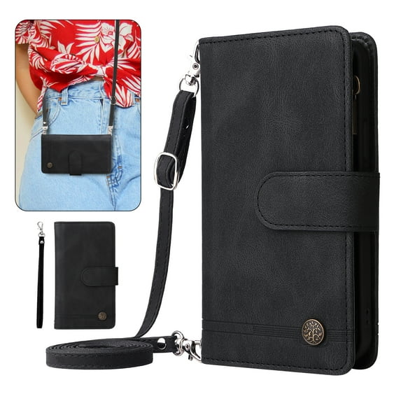 Dteck Crossbody Wallet Case for Samsung Galaxy S24 Plus,Magnetic Leather Card Slots Zipper Wallet Kickstand Heavy Duty Lanyard Strap/Shoulder Strap Cover,Black