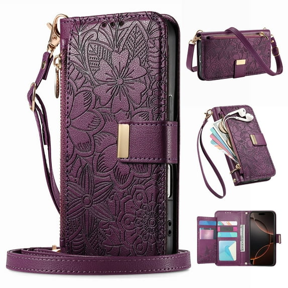 Dteck Crossbody Wallet Case for Samsung Galaxy S24 Ultra with Card Holder, Soft Embossing PU Leather Magnetic Closure Strap Zipper Pocket Phone Case Fit for Samsung Galaxy S24 Ultra,Purple