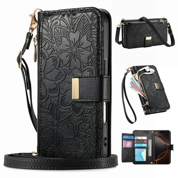 Dteck Crossbody Wallet Case for Samsung Galaxy S24 Ultra with Card Holder, Soft Embossing PU Leather Magnetic Closure Strap Zipper Pocket Phone Case Fit for Samsung Galaxy S24 Ultra,Black