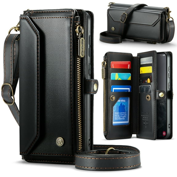 Dteck Crossbody Wallet Case for Samsung Galaxy S25+ 5G RFID Blocking 10-Card Holder Soft PU Leather Magnetic Snap Strap Zipper Pocket Phone Case Fit for Galaxy S25 Plus 6.7",Black