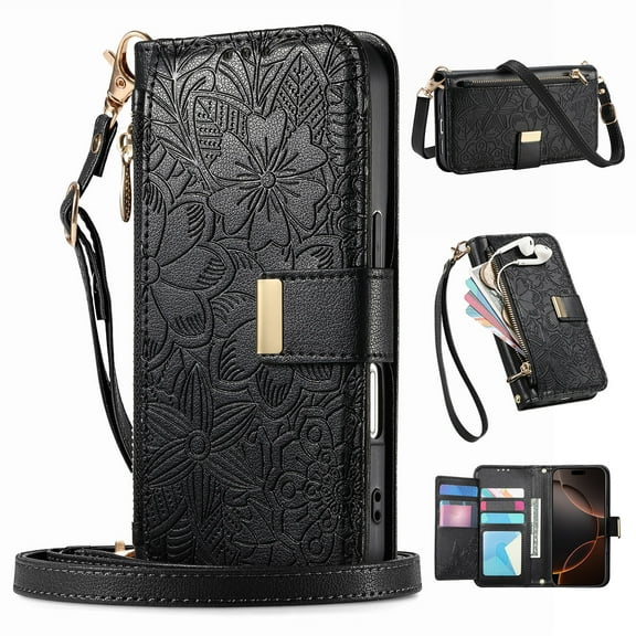Dteck Crossbody Wallet Case for Samsung Galaxy S25+ with Card Holder, Soft Embossing PU Leather Magnetic Closure Strap Zipper Pocket Phone Case Fit for Samsung Galaxy S25+,Black