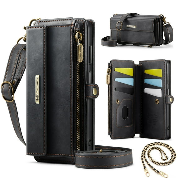 Dteck Crossbody Wallet Case for Samsung Galaxy S25 Edge RFID Blocking 9-Card Holder Matte PU Leather Magnetic Snap Shoulder Strap Zipper Pocket Phone Case Fit for Samsung Galaxy S25 Edge,Black