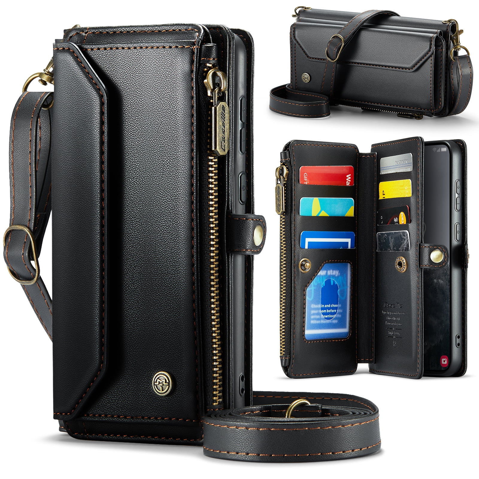 Dteck Crossbody Wallet Case for Samsung Galaxy S25 FE 5G RFID Blocking 10-Card Holder Soft PU Leather Magnetic Snap Strap Zipper Pocket Phone Case Fit for Galaxy S25 FE 6.7",Black