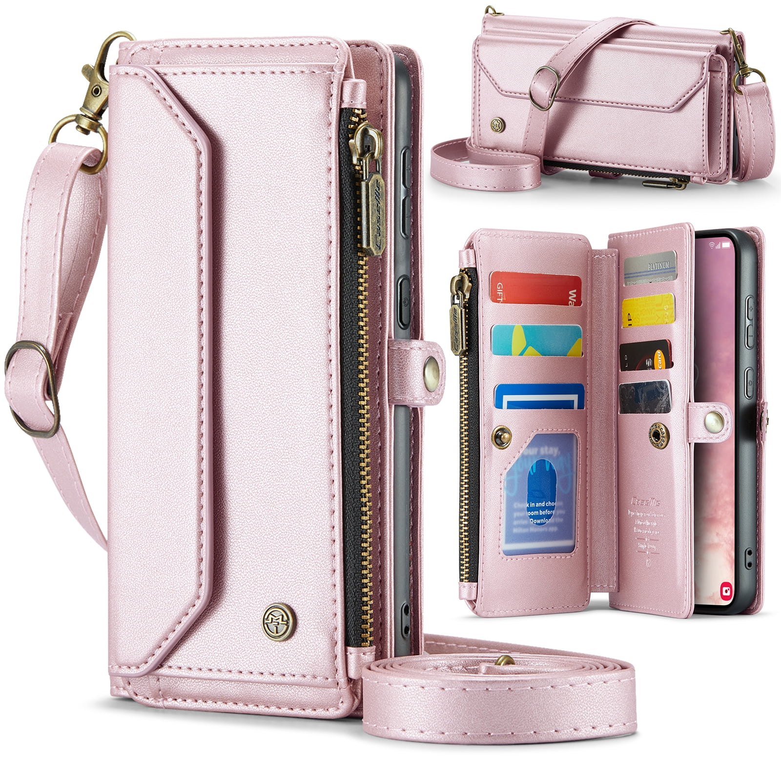 Dteck Crossbody Wallet Case for Samsung Galaxy S25 Ultra 5G RFID Blocking 10-Card Holder Soft PU Leather Magnetic Snap Strap Zipper Pocket Phone Case Fit for Galaxy S25 Ultra 6.9",Pink