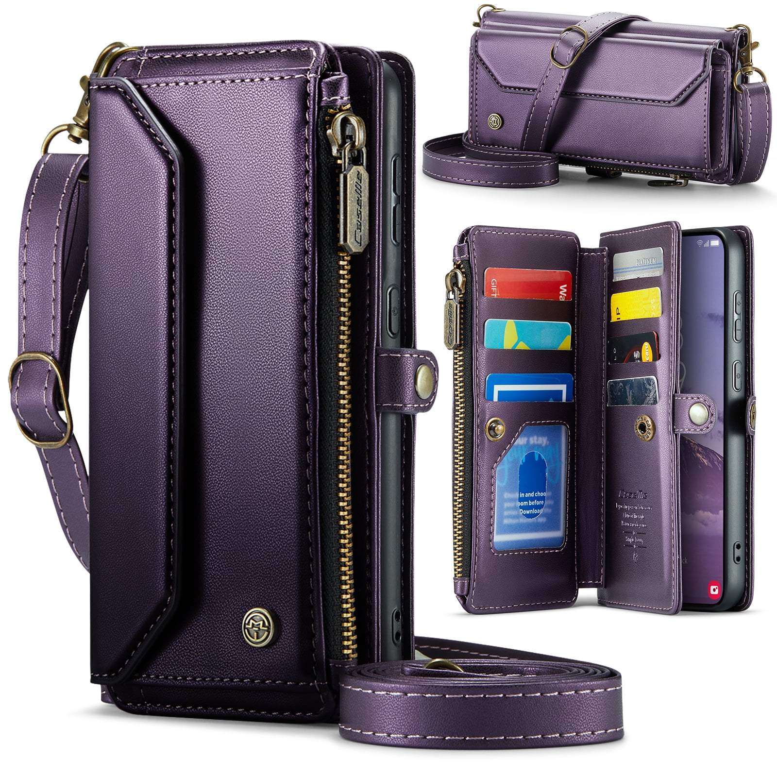 Dteck Crossbody Wallet Case for Samsung Galaxy S25 Ultra 5G RFID Blocking 10-Card Holder Soft PU Leather Magnetic Snap Strap Zipper Pocket Phone Case Fit for Galaxy S25 Ultra 6.9",Purple