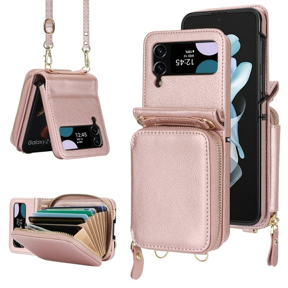 Dteck Crossbody Wallet Case for Samsung Galaxy Z Flip 3, Zipper Pocket Case with Card Holder, PU Leather RFID Blocking Protective Z Flip3 5G Case with Kickstand Detachable Wrist Strap Lanyard,Rosegold