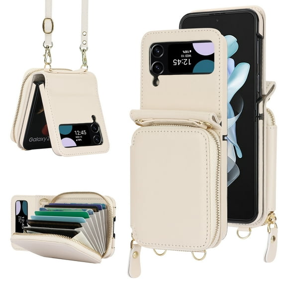Dteck Crossbody Wallet Case for Samsung Galaxy Z Flip 3, Zipper Pocket Case with Card Holder, PU Leather RFID Blocking Protective Z Flip3 5G Case with Kickstand Detachable Wrist Strap Lanyard,Beige