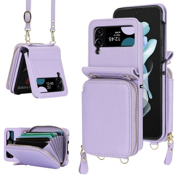 Dteck Crossbody Wallet Case for Samsung Galaxy Z Flip 3, Zipper Pocket Case with Card Holder, PU Leather RFID Blocking Protective Z Flip3 5G Case with Kickstand Detachable Wrist Strap Lanyard,Purple
