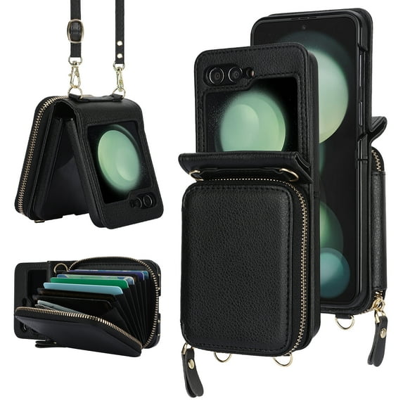 Dteck Crossbody Wallet Case for Samsung Galaxy Z Flip 5, Zipper Pocket Case with Card Holder, PU Leather RFID Blocking Protective Cover Case with Kickstand Detachable Wrist Strap Lanyard,Black