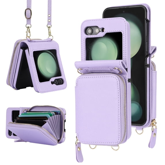 Dteck Crossbody Wallet Case for Samsung Galaxy Z Flip 6, Zipper Pocket Case with Card Holder, PU Leather RFID Blocking Protective Cover Case with Kickstand Detachable Wrist Strap Lanyard,Purple