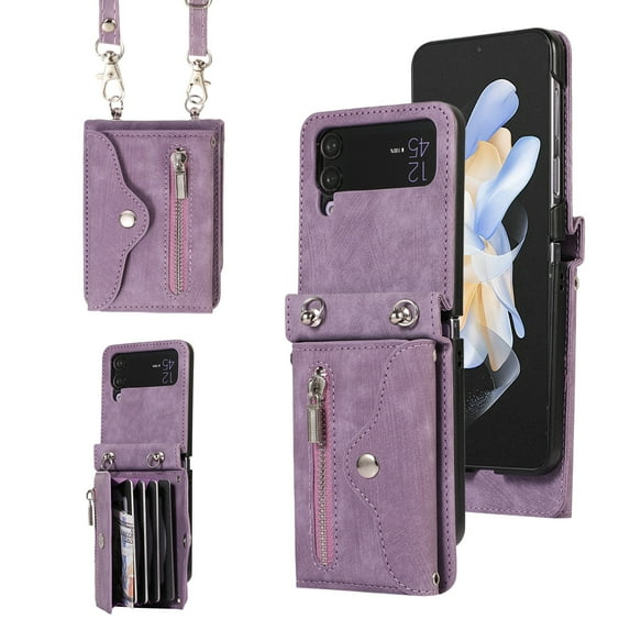 Dteck Crossbody Wallet Case for Samsung Galaxy Z Flip4 5G, RFID Blocking PU Leather Zipper Handbag Purse Flip Cover, Kickstand Folio Case with Card Slots Wrist Strap Lanyard,Purple