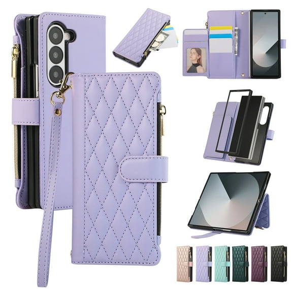 Dteck Crossbody Wallet Case for Samsung Galaxy Z Fold 3,Z Fold 3 Wallet Case with 6-Card Holder & Zipper Pocket Handbag Purse Magnetic Buckle Soft PU Leather Phone Case for Samsung Z Fold3,Purple