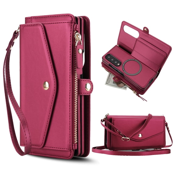 Dteck Crossbody Wallet Case for Samsung Galaxy Z Fold 4 with RFID Blocking Card Holder, PU Leather Zipper Pocket Purse with Straps, Detachable Magnetic Phone Cover,Red