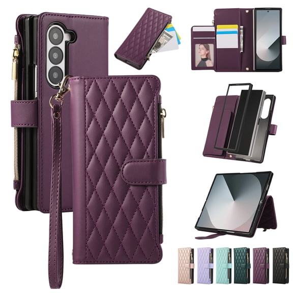 Dteck Crossbody Wallet Case for Samsung Galaxy Z Fold 4,Z Fold 4 Wallet Case with 6-Card Holder & Zipper Pocket Handbag Purse Magnetic Buckle Soft PU Leather Phone Case for Samsung Z Fold4,Deep Purple
