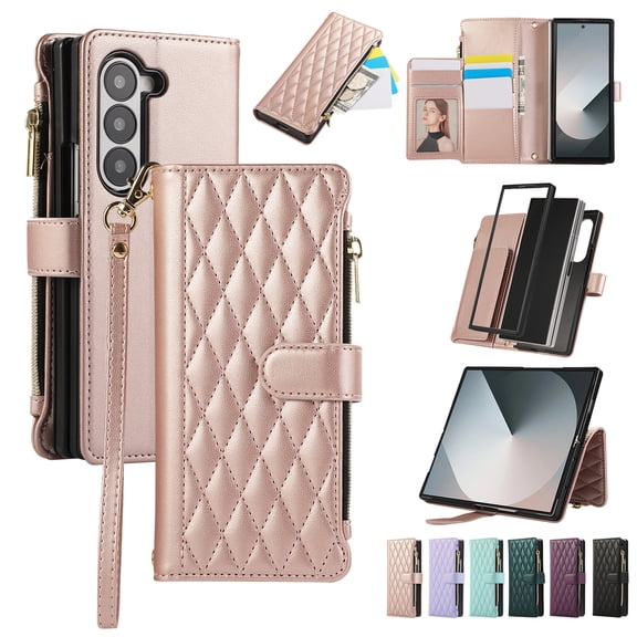 Dteck Crossbody Wallet Case for Samsung Galaxy Z Fold 4,Z Fold 4 Wallet Case with 6-Card Holder & Zipper Pocket Handbag Purse Magnetic Buckle Soft PU Leather Phone Case for Samsung Z Fold4,Rosegold