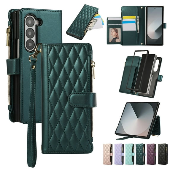Dteck Crossbody Wallet Case for Samsung Galaxy Z Fold 5,Z Fold 5 Wallet Case with 6-Card Holder & Zipper Pocket Handbag Purse Magnetic Buckle Soft PU Leather Phone Case for Samsung Z Fold5,Deep Green
