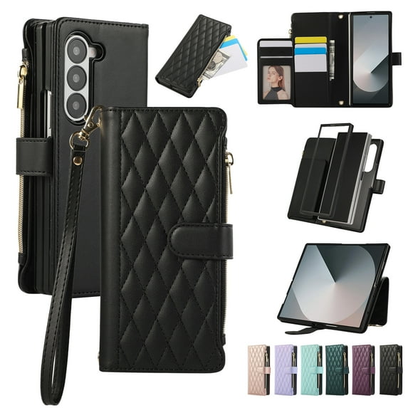 Dteck Crossbody Wallet Case for Samsung Galaxy Z Fold 5,Z Fold 5 Wallet Case with 6-Card Holder & Zipper Pocket Handbag Purse Magnetic Buckle Soft PU Leather Phone Case for Samsung Z Fold5,Black